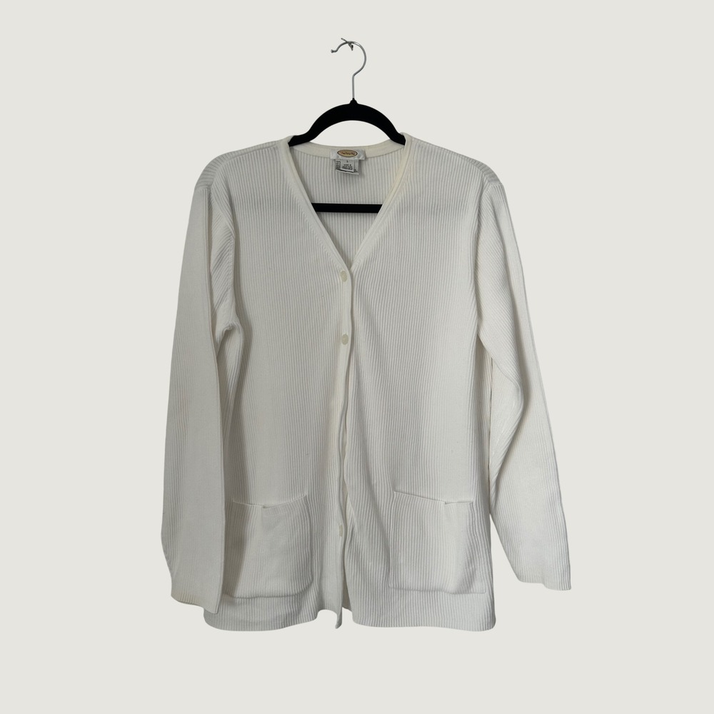 Talbots Cardigan Sweater Womens L White Ribbed Cotton V-Neck Button Pockets